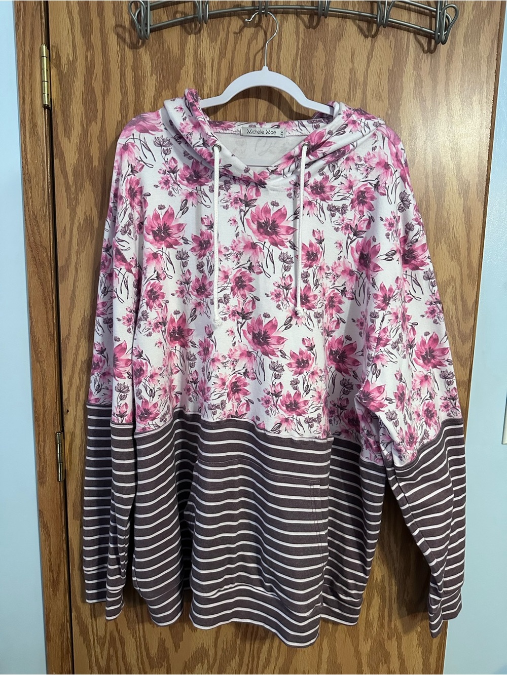 Michelle Mae Pink Floral & Brown Striped Cowl Hoodie Sweatshirt Size 3XL